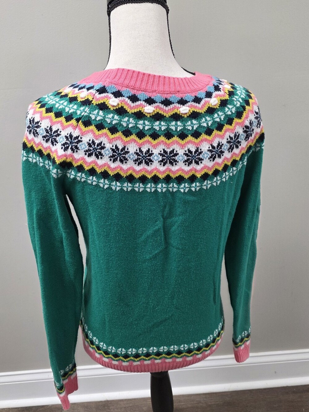 Talbots Green Fair Isle Crewneck Sweater with Pink Trim Size Small - Picture 5 of 7
